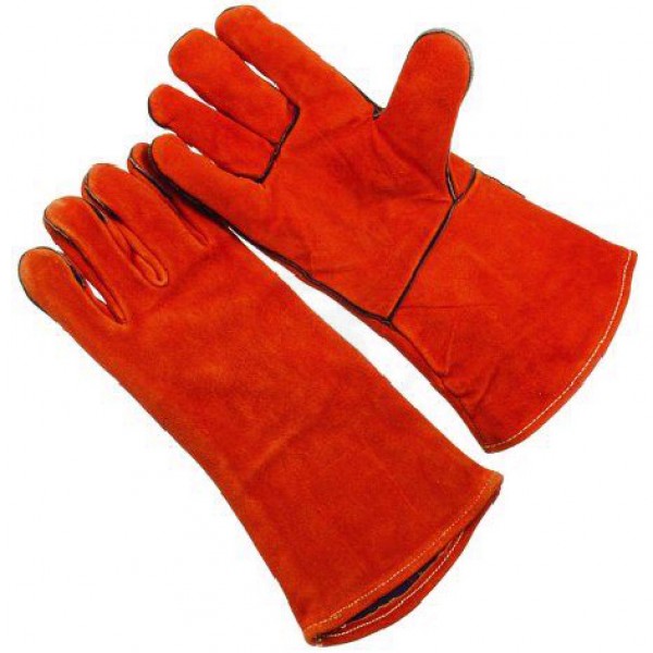 GUANTE DE CUERO DESCARNE LARGO ROJO FORRADO TIRA PROTECTORA PARA SOLDADOR